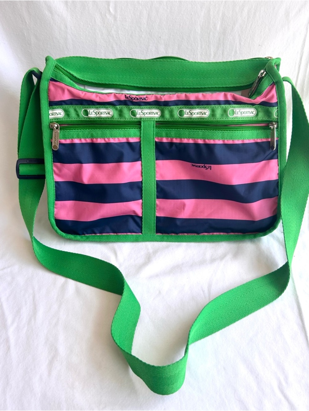 LeSportsac Green Crossbody with Pink and Navy Stripes - Picture 2 of 12